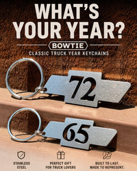Load image into Gallery viewer, Two Digit Bowtie Year Keychain | Stainless Steel | 1953–1996
